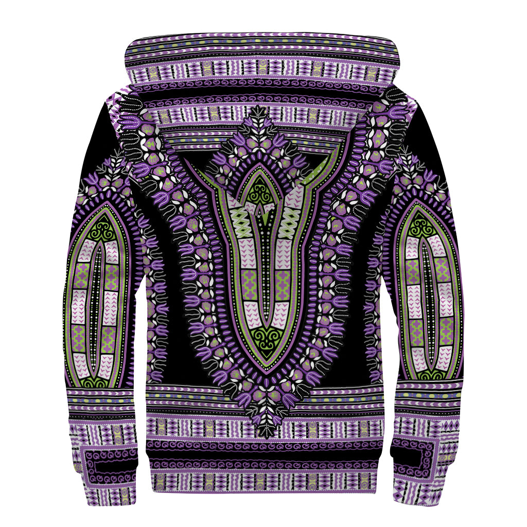 Black And Purple African Dashiki Print Sherpa Lined Zip Up Hoodie