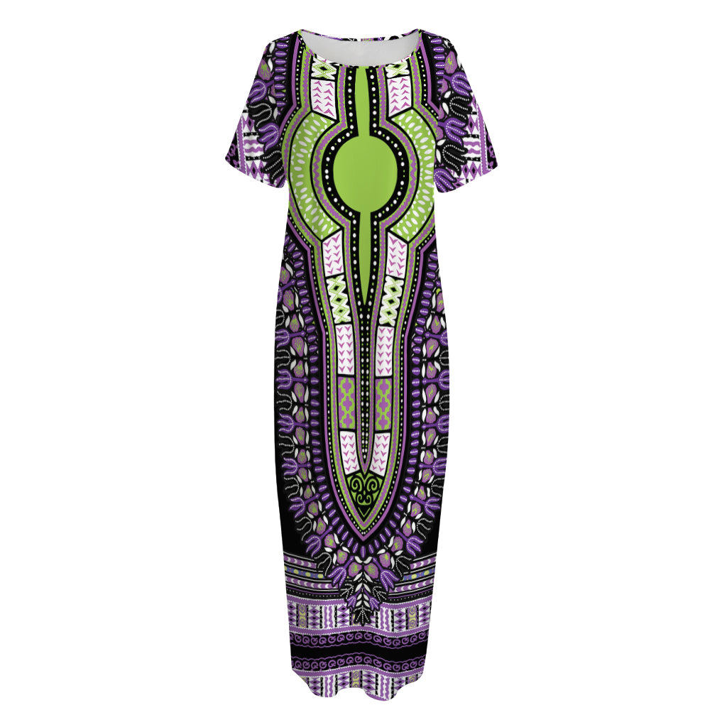 Black And Purple African Dashiki Print Short Sleeve Long Nightdress