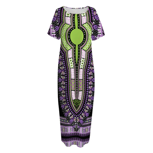 Black And Purple African Dashiki Print Short Sleeve Long Nightdress