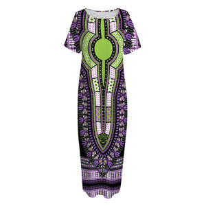 Black And Purple African Dashiki Print Short Sleeve Long Nightdress