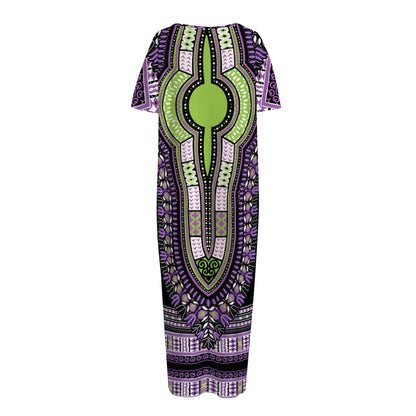 Black And Purple African Dashiki Print Short Sleeve Long Nightdress