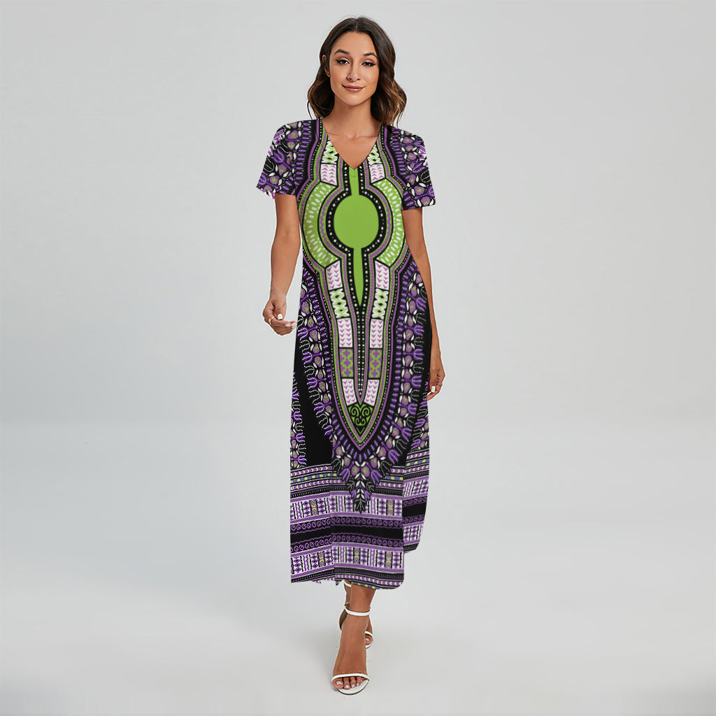Black And Purple African Dashiki Print Short Sleeve Maxi Dress