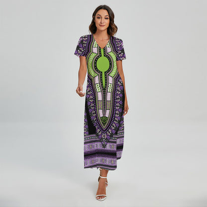 Black And Purple African Dashiki Print Short Sleeve Maxi Dress