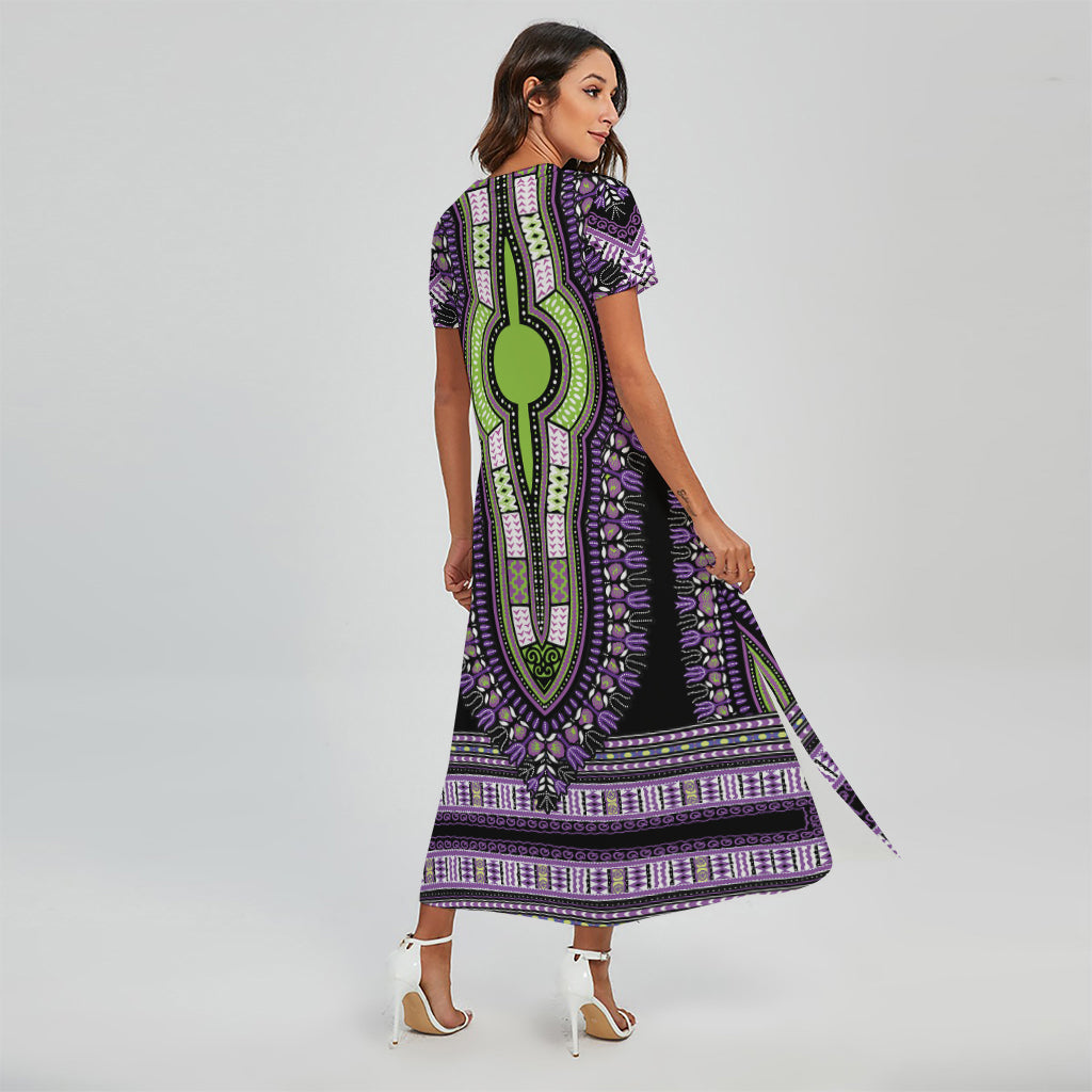 Black And Purple African Dashiki Print Short Sleeve Maxi Dress