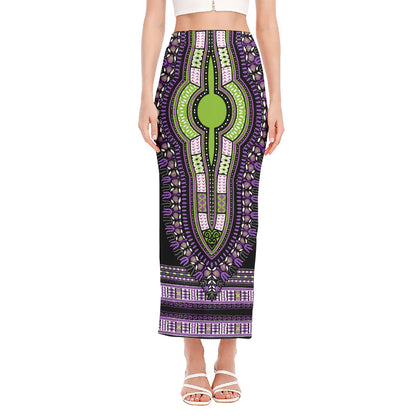Black And Purple African Dashiki Print Side Slit Maxi Skirt