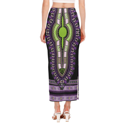 Black And Purple African Dashiki Print Side Slit Maxi Skirt