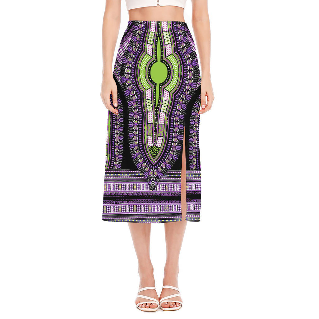 Black And Purple African Dashiki Print Side Slit Midi Skirt