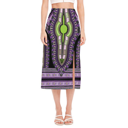 Black And Purple African Dashiki Print Side Slit Midi Skirt