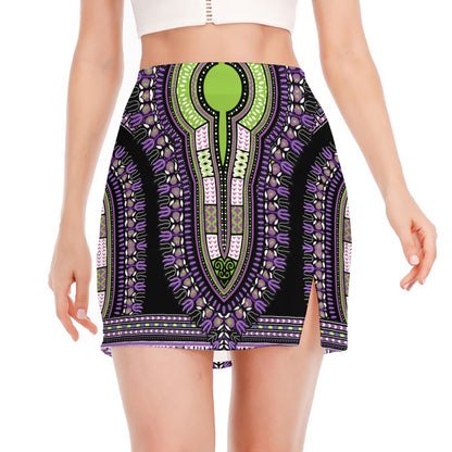 Black And Purple African Dashiki Print Side Slit Mini Skirt