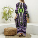 Black And Purple African Dashiki Print Silk V-Neck Kaftan Dress