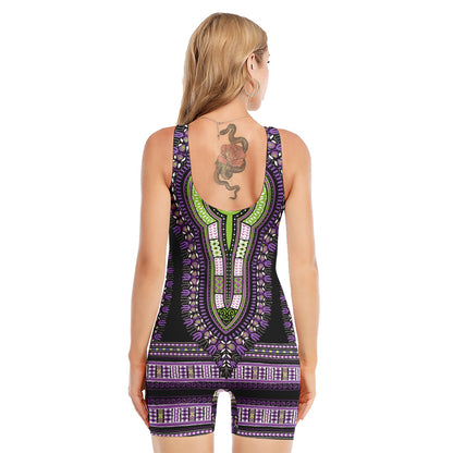 Black And Purple African Dashiki Print Sleeveless One Piece Swimsuit