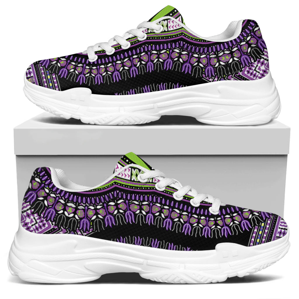 Black And Purple African Dashiki Print White Chunky Shoes