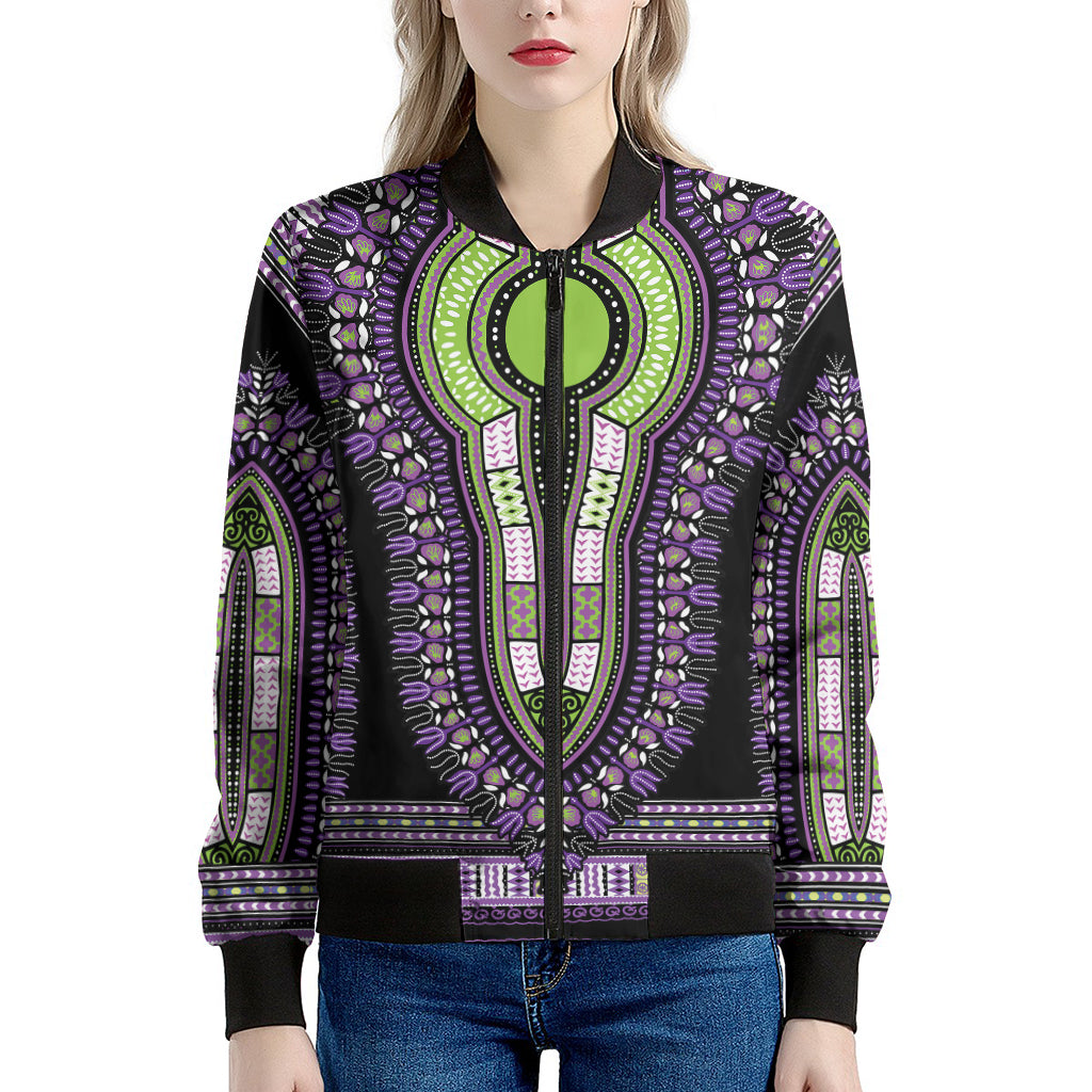 Black And Purple African Dashiki Print Women's Bomber Jacket