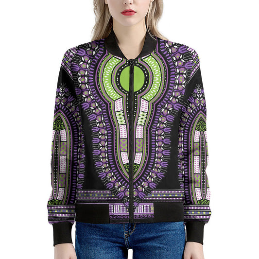 Black And Purple African Dashiki Print Women's Bomber Jacket