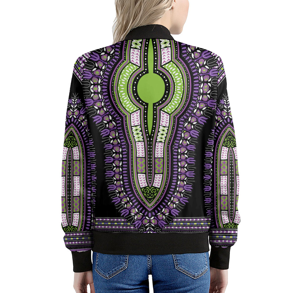 Black And Purple African Dashiki Print Women's Bomber Jacket