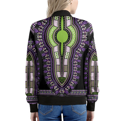Black And Purple African Dashiki Print Women's Bomber Jacket