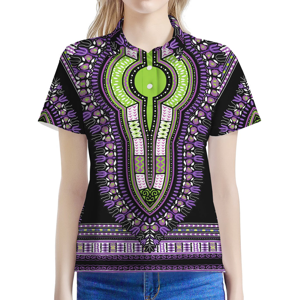 Black And Purple African Dashiki Print Women's Polo Shirt