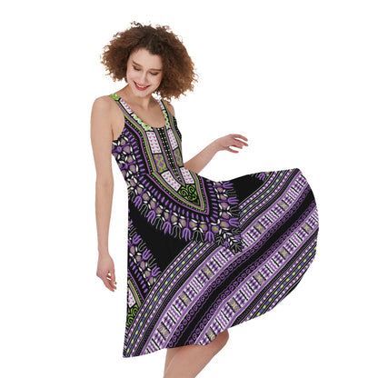 Black And Purple African Dashiki Print Women's Sleeveless Dress