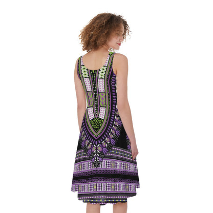 Black And Purple African Dashiki Print Women's Sleeveless Dress