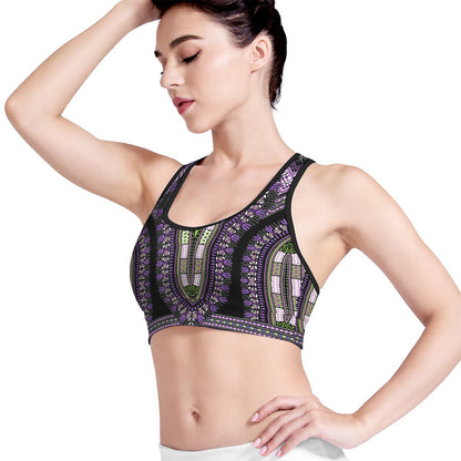 Black And Purple African Dashiki Print Women's Sports Bra