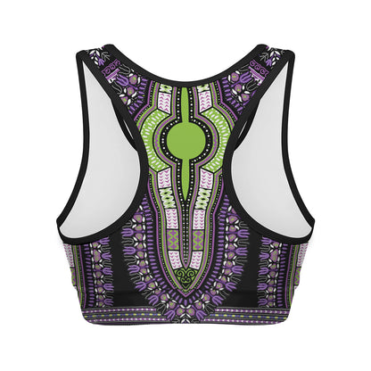 Black And Purple African Dashiki Print Women's Sports Bra