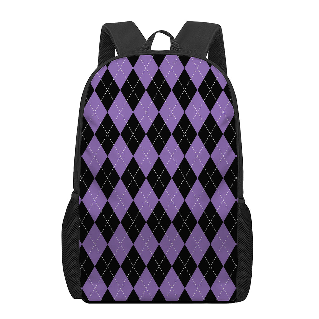 Black And Purple Argyle Pattern Print 17 Inch Backpack