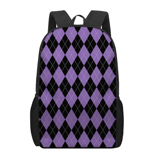 Black And Purple Argyle Pattern Print 17 Inch Backpack