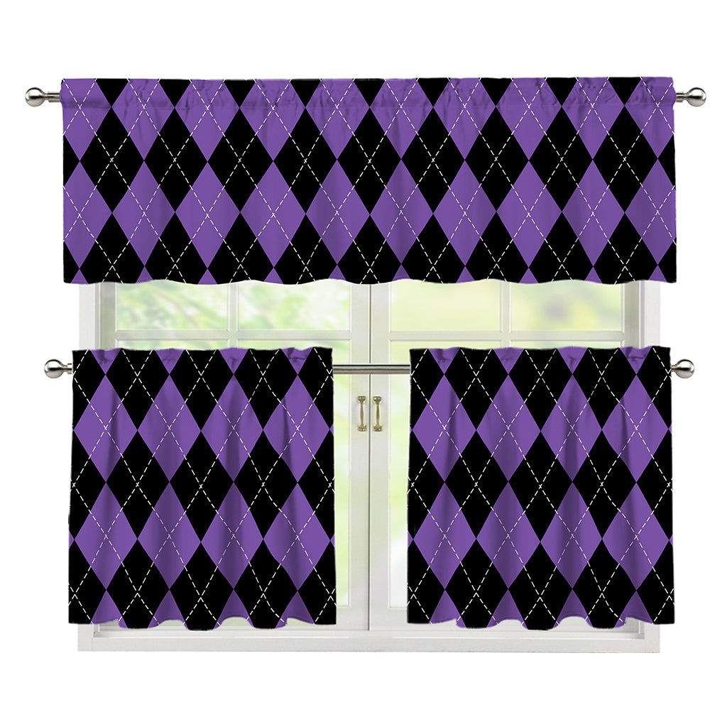 Black And Purple Argyle Pattern Print 3 Piece Kitchen Curtains