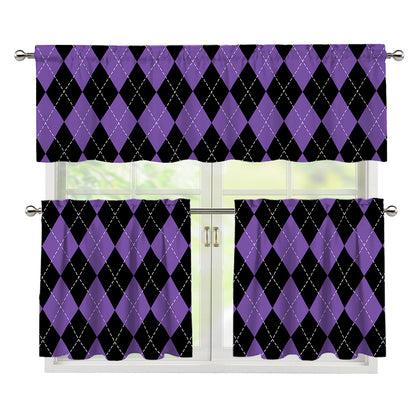 Black And Purple Argyle Pattern Print 3 Piece Kitchen Curtains