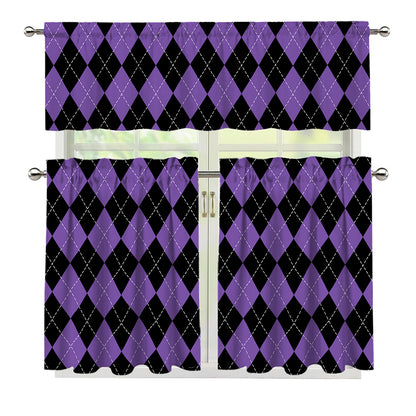 Black And Purple Argyle Pattern Print 3 Piece Kitchen Curtains