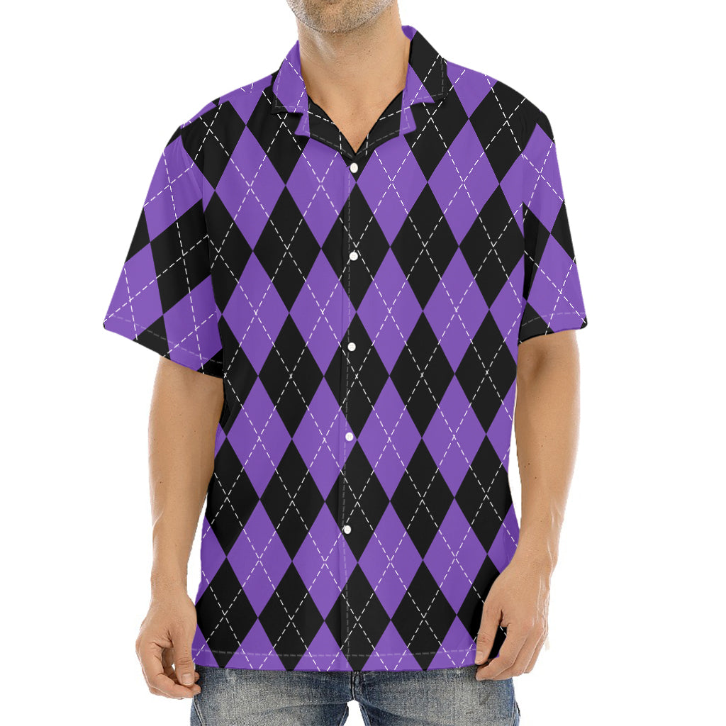 Black And Purple Argyle Pattern Print Aloha Shirt