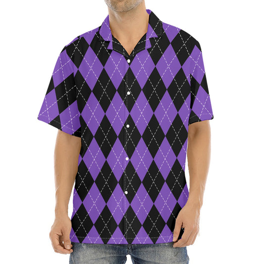 Black And Purple Argyle Pattern Print Aloha Shirt