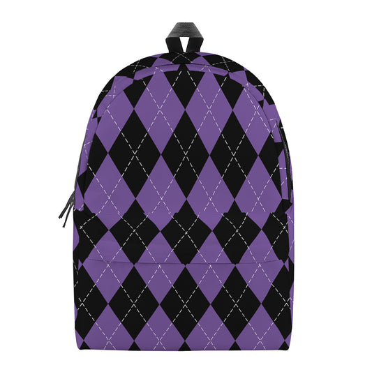 Black And Purple Argyle Pattern Print Backpack
