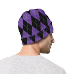 Black And Purple Argyle Pattern Print Beanie