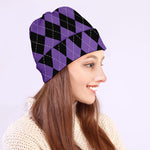 Black And Purple Argyle Pattern Print Beanie
