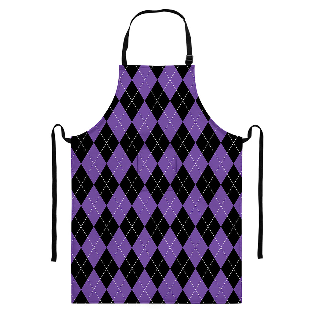 Black And Purple Argyle Pattern Print Bib Apron With Pocket