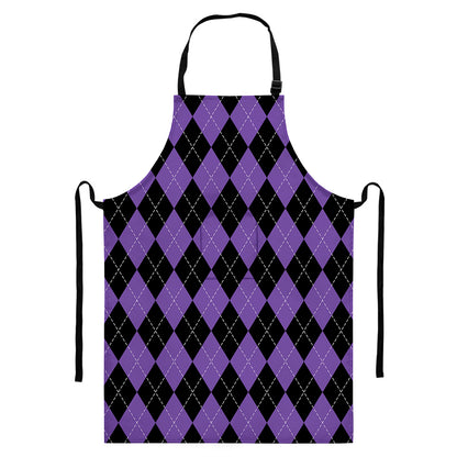 Black And Purple Argyle Pattern Print Bib Apron With Pocket