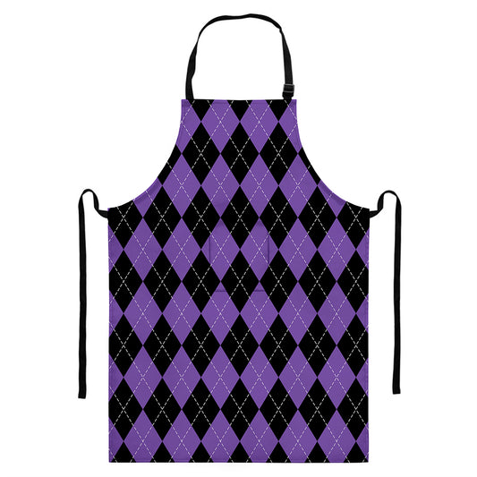 Black And Purple Argyle Pattern Print Bib Apron With Pocket