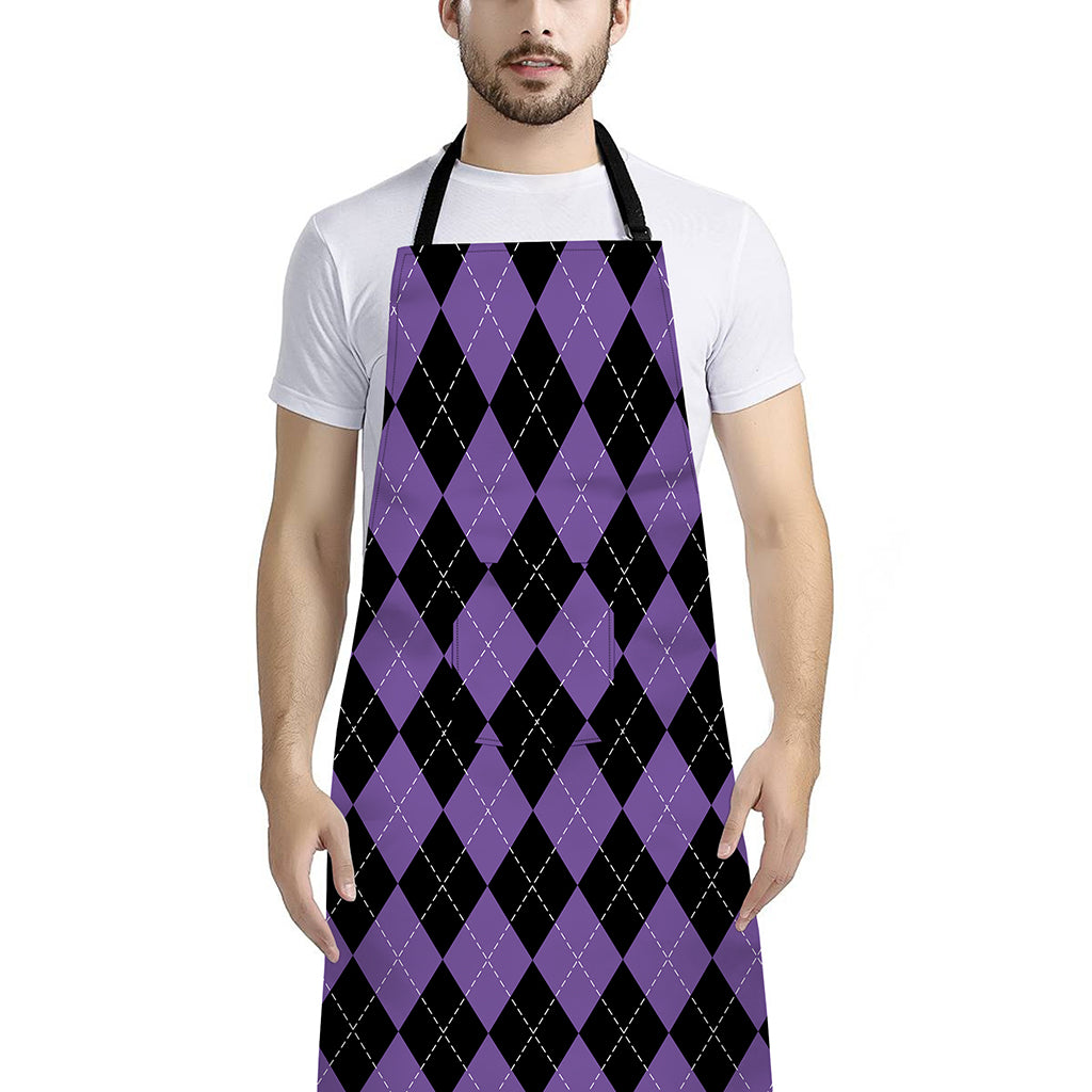 Black And Purple Argyle Pattern Print Bib Apron With Pocket