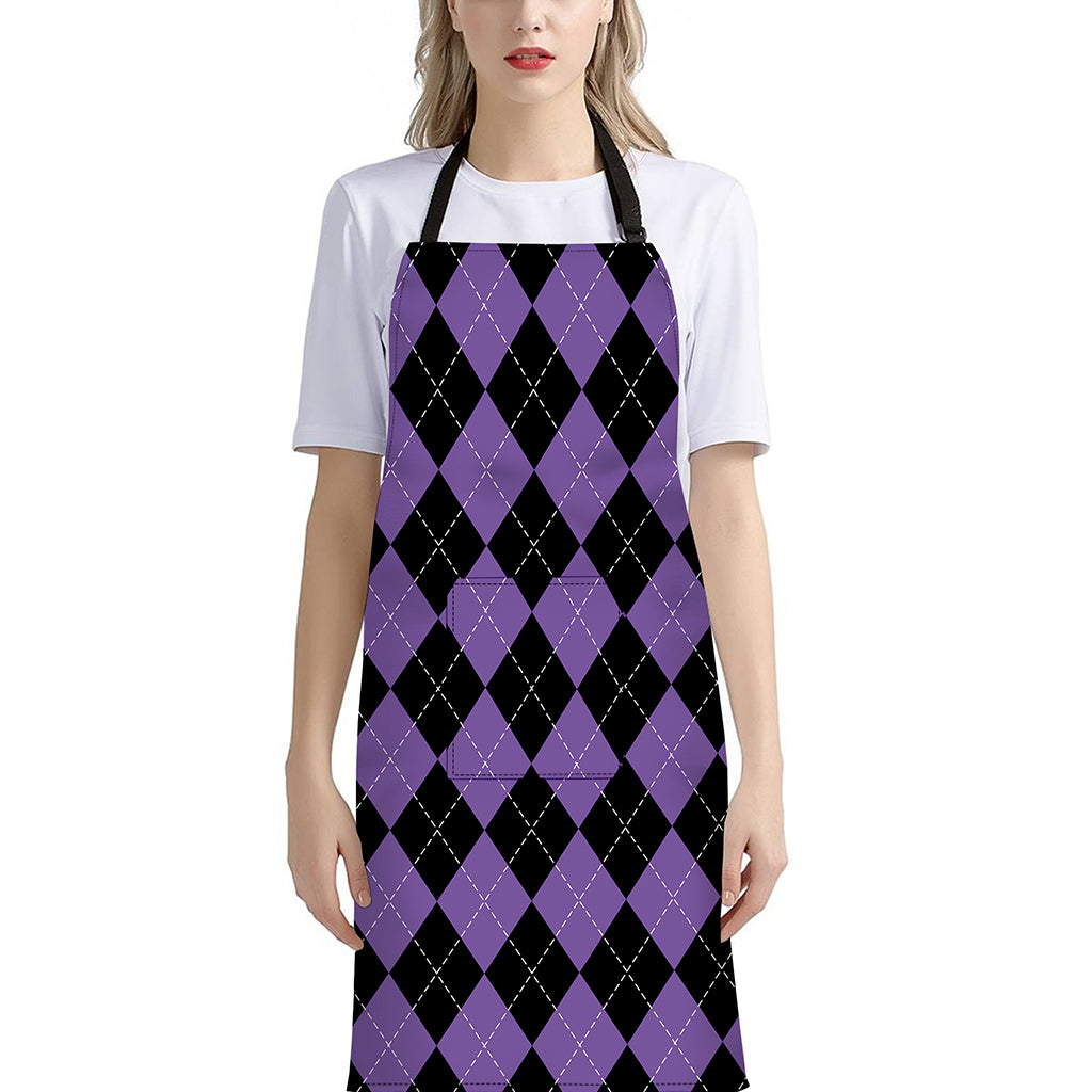 Black And Purple Argyle Pattern Print Bib Apron With Pocket