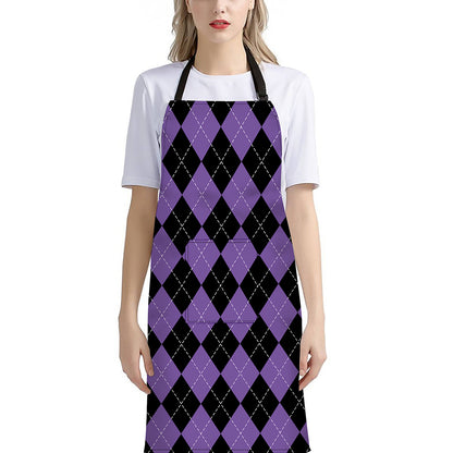Black And Purple Argyle Pattern Print Bib Apron With Pocket