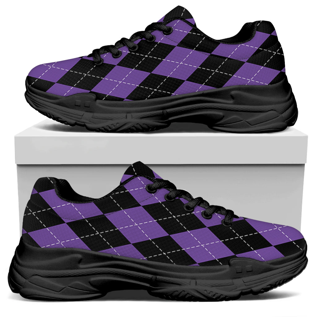Black And Purple Argyle Pattern Print Black Chunky Shoes