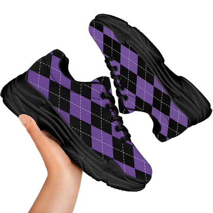 Black And Purple Argyle Pattern Print Black Chunky Shoes