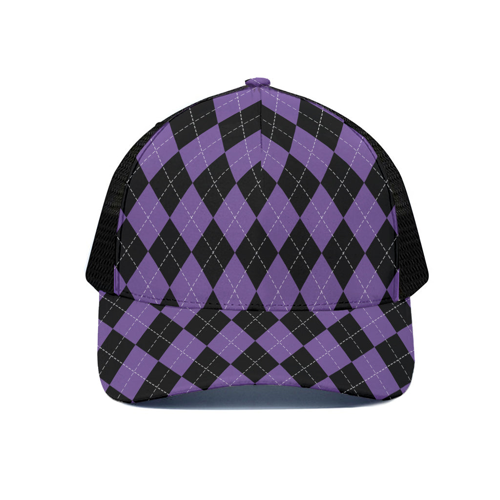 Black And Purple Argyle Pattern Print Black Mesh Trucker Cap