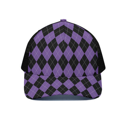 Black And Purple Argyle Pattern Print Black Mesh Trucker Cap