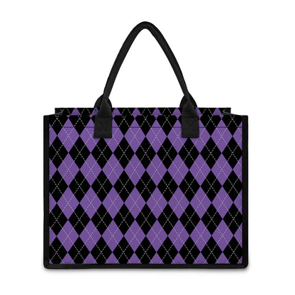 Black And Purple Argyle Pattern Print Canvas Tote Bag