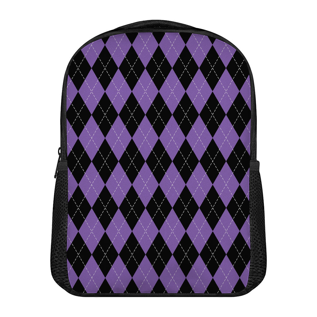Black And Purple Argyle Pattern Print Casual Backpack