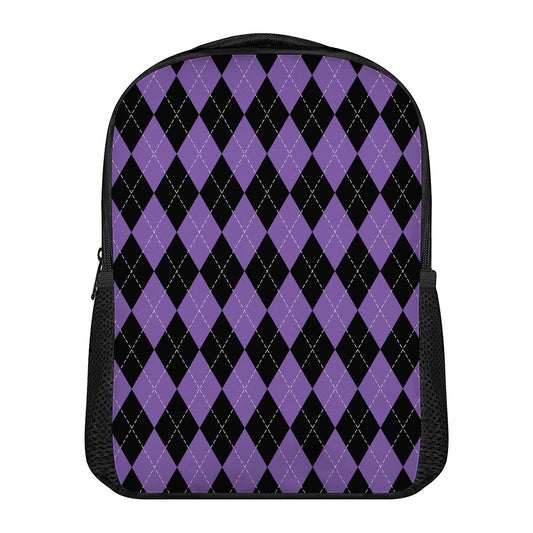 Black And Purple Argyle Pattern Print Casual Backpack