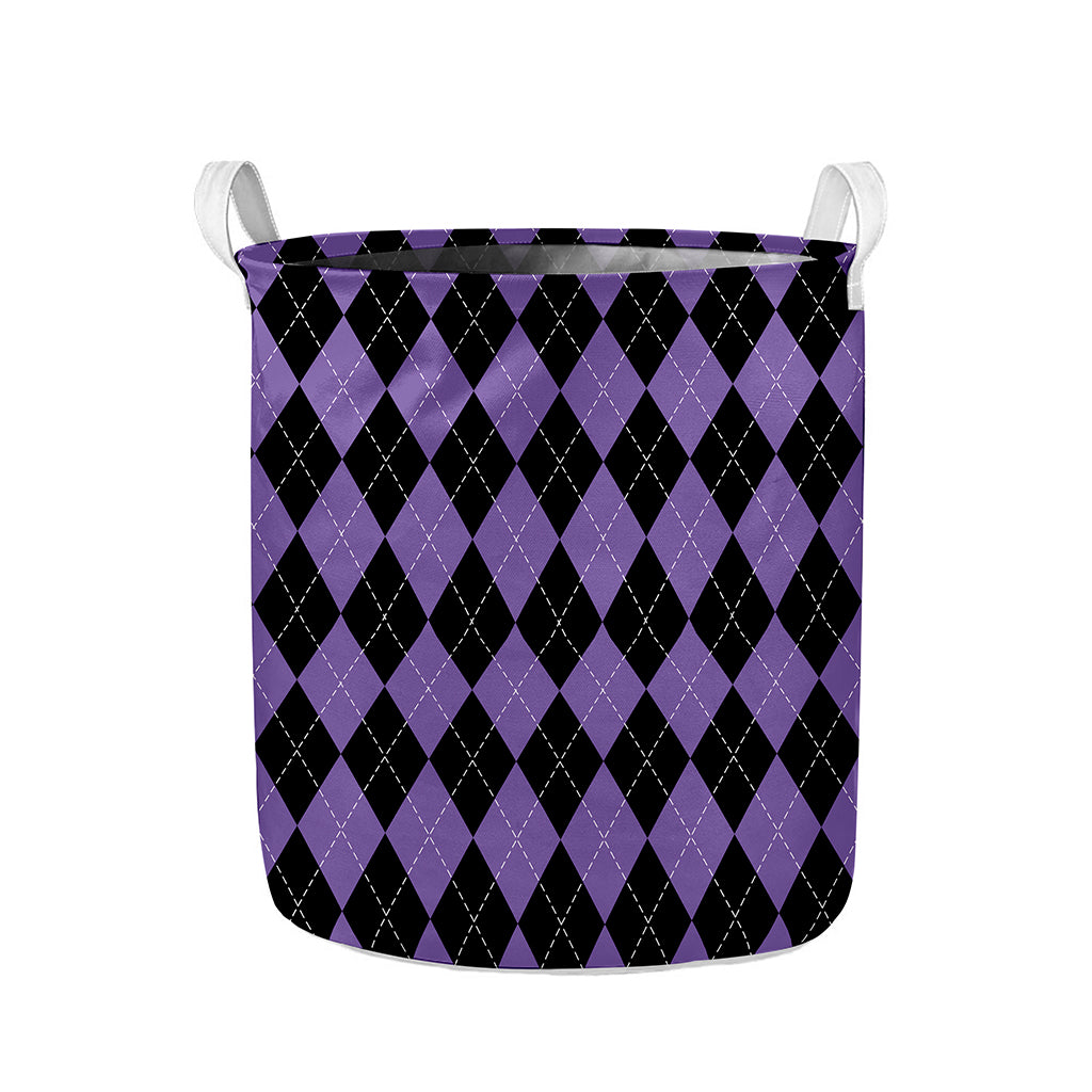 Black And Purple Argyle Pattern Print Collapsible Laundry Basket