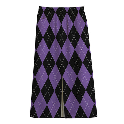 Black And Purple Argyle Pattern Print Cotton Front Slit Maxi Skirt